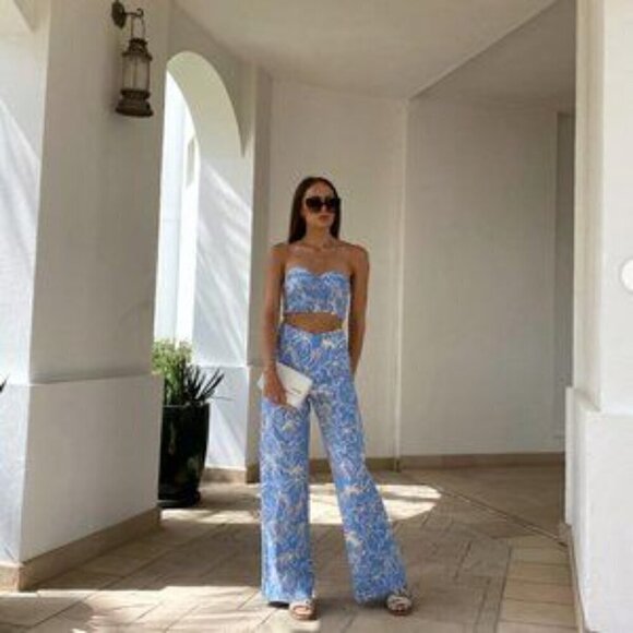 New Zara Full Length Floral Linen Blend High Waisted Blue/White Pants NWT Small - Picture 2 of 15